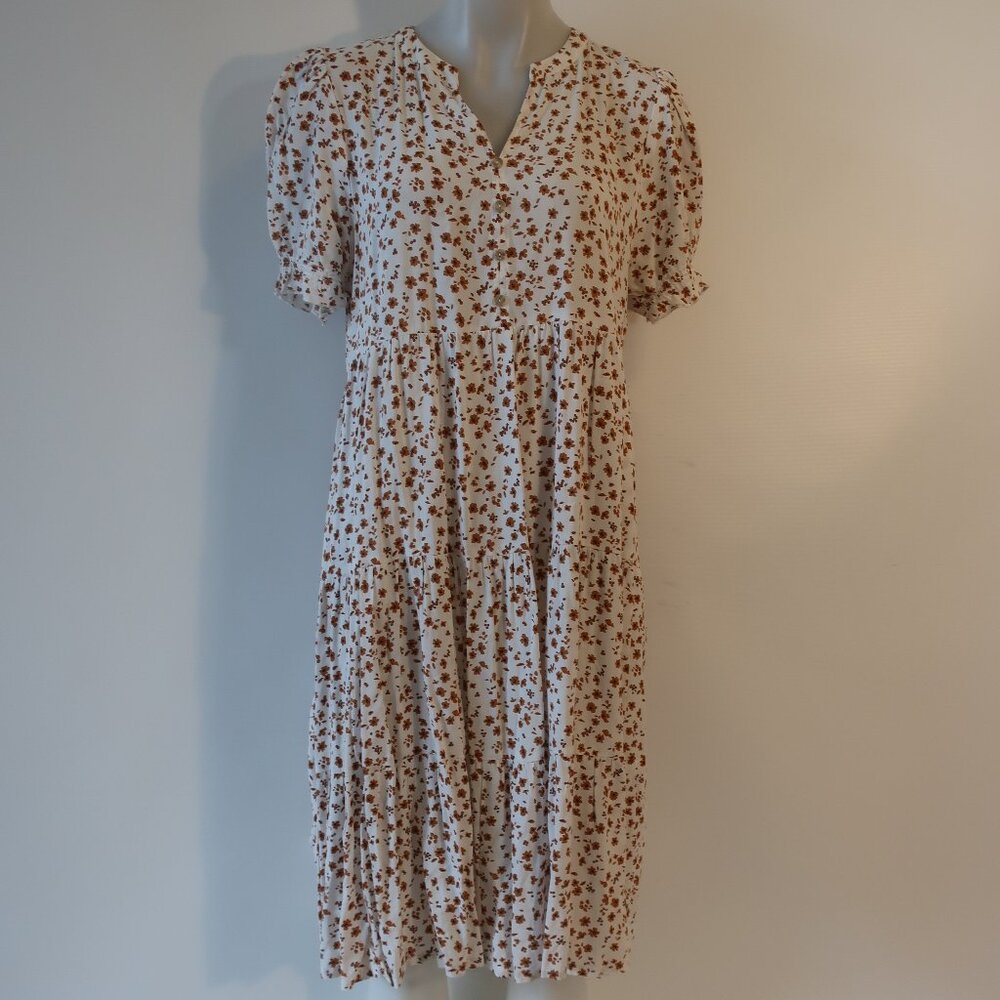 Womens Miroh White, Brown Floral Short Sleeve Dress L